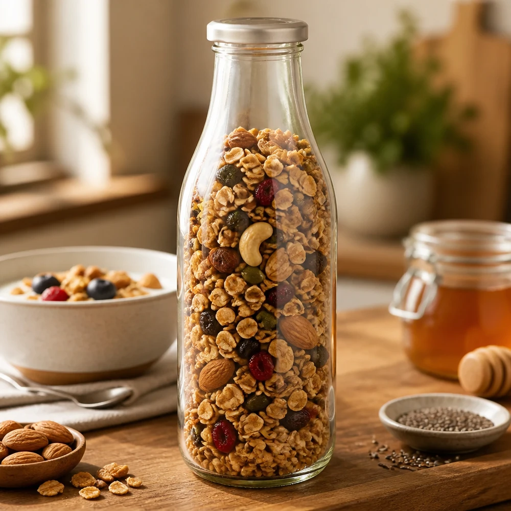 Garrafa de vidro BasicSeal prateada de 1000 ml cheia de muesli, nozes e frutos secos para guardar alimentos secos.