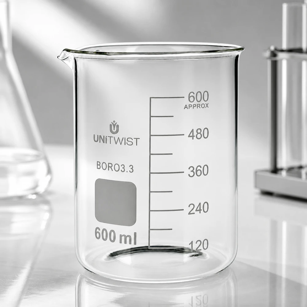 Copo 600 ml de borossilicato, baixo teor de bolor UNiTWIST Copo de vidro UNiTWIST de 600 ml, vidro borossilicato transparente com escala de medição de 120 a 600 ml, formato baixo