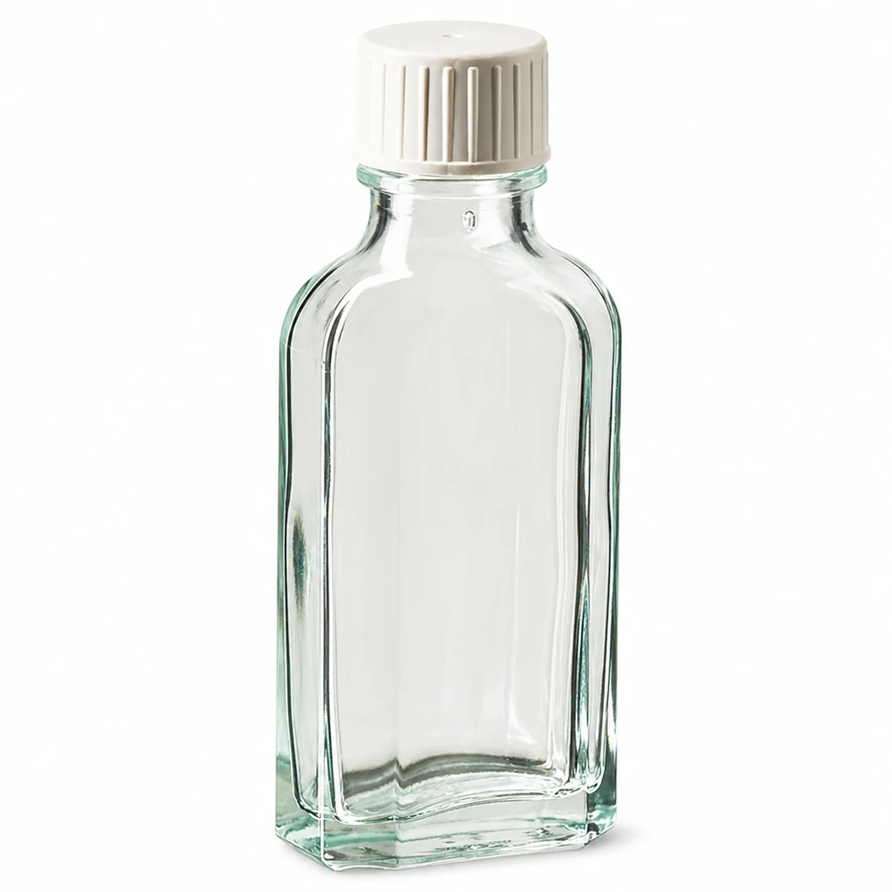Frasco de vidro Meplat transparente de 50 ml, com tampa de rosca branca e anel de vertimento