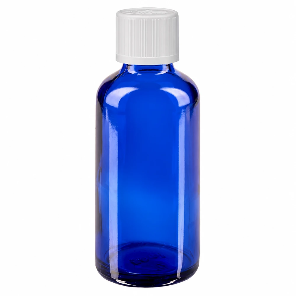 Frasco de vidro azul de farmácia com 50 ml, com tampa de segurança para crianças branca e aplicador de gotas de 1,2 mm