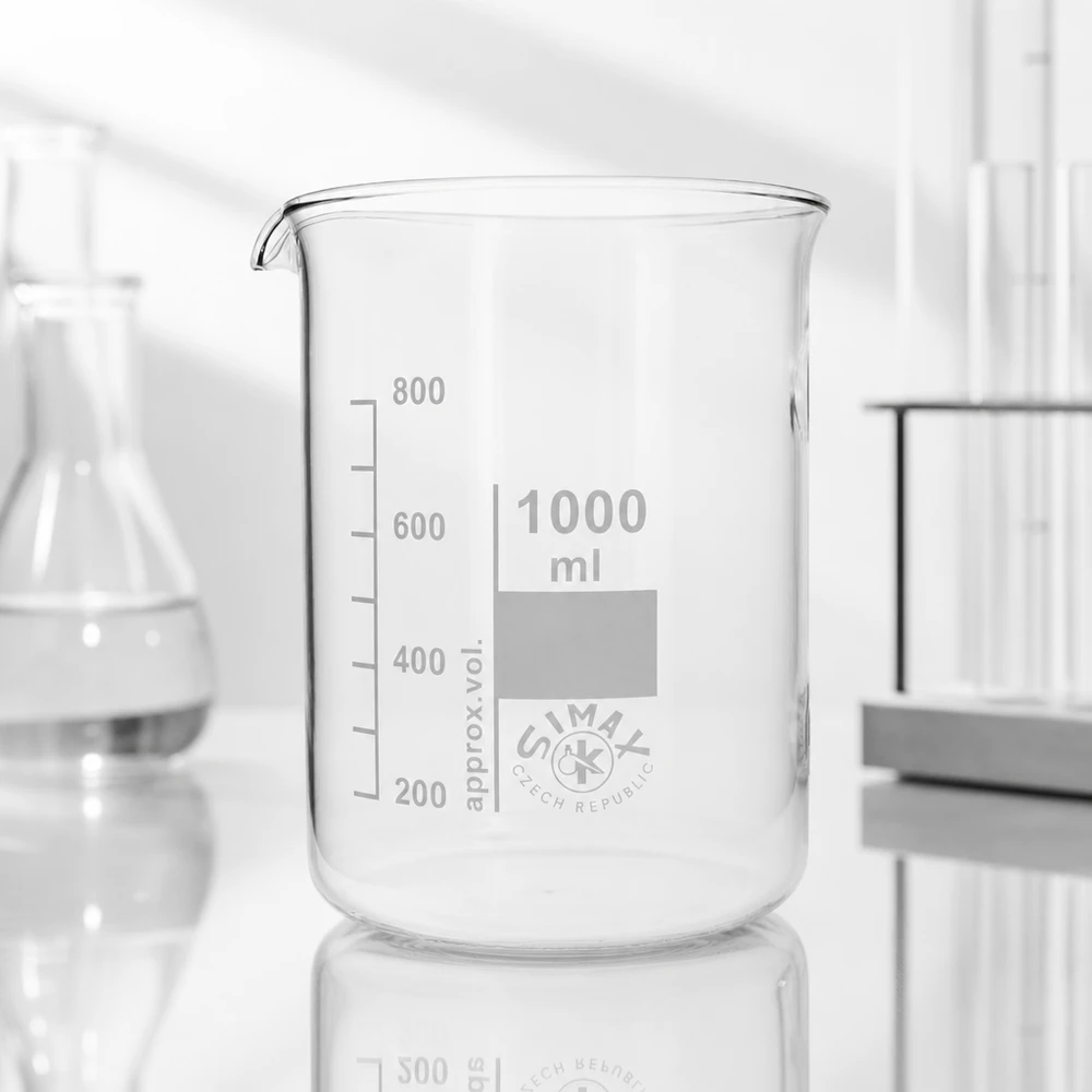 Copo 1000 ml de vidro borossilicato, forma baixa Copo transparente de 1000 ml com bico de verter e marcações de volume para medições precisas