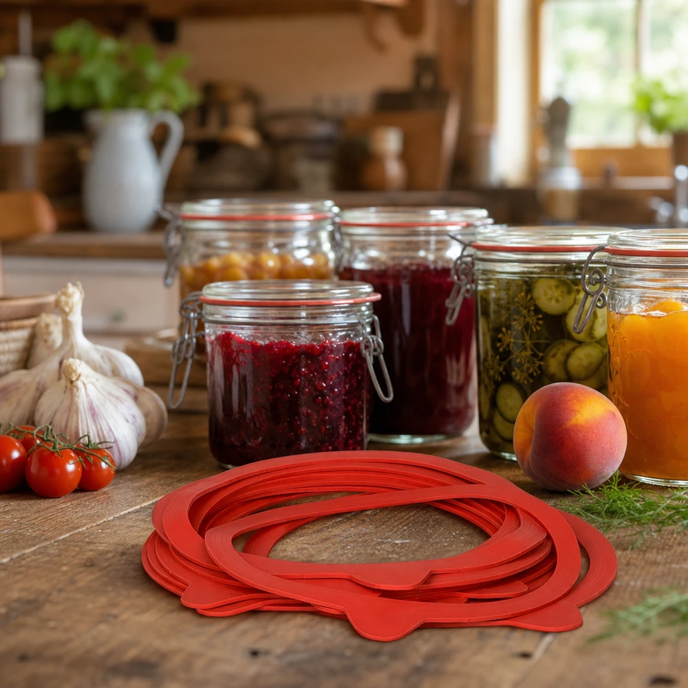 Anel de vedação em borracha natural RR120 Anel de conservação RR120 de borracha natural numa cozinha rústica com frascos de conserva e ingredientes frescos para conservar