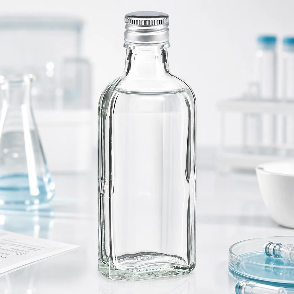 100 ml Meplat transparente com tampa de alumínio prata PP22 Frasco de vidro Meplat retangular transparente de 100 ml com tampa de rosca de alumínio prateada PP22, para utilização em laboratório