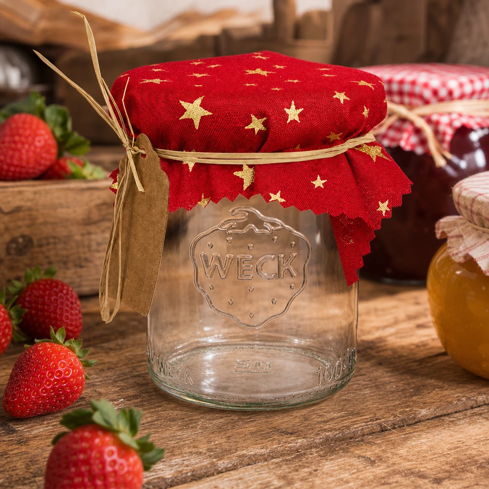 Dekoratives Schmuckdeckchen rot Sterne auf Einmachglas mit Erdbeeren rustikale Küchendeko Landhausstil 12cm