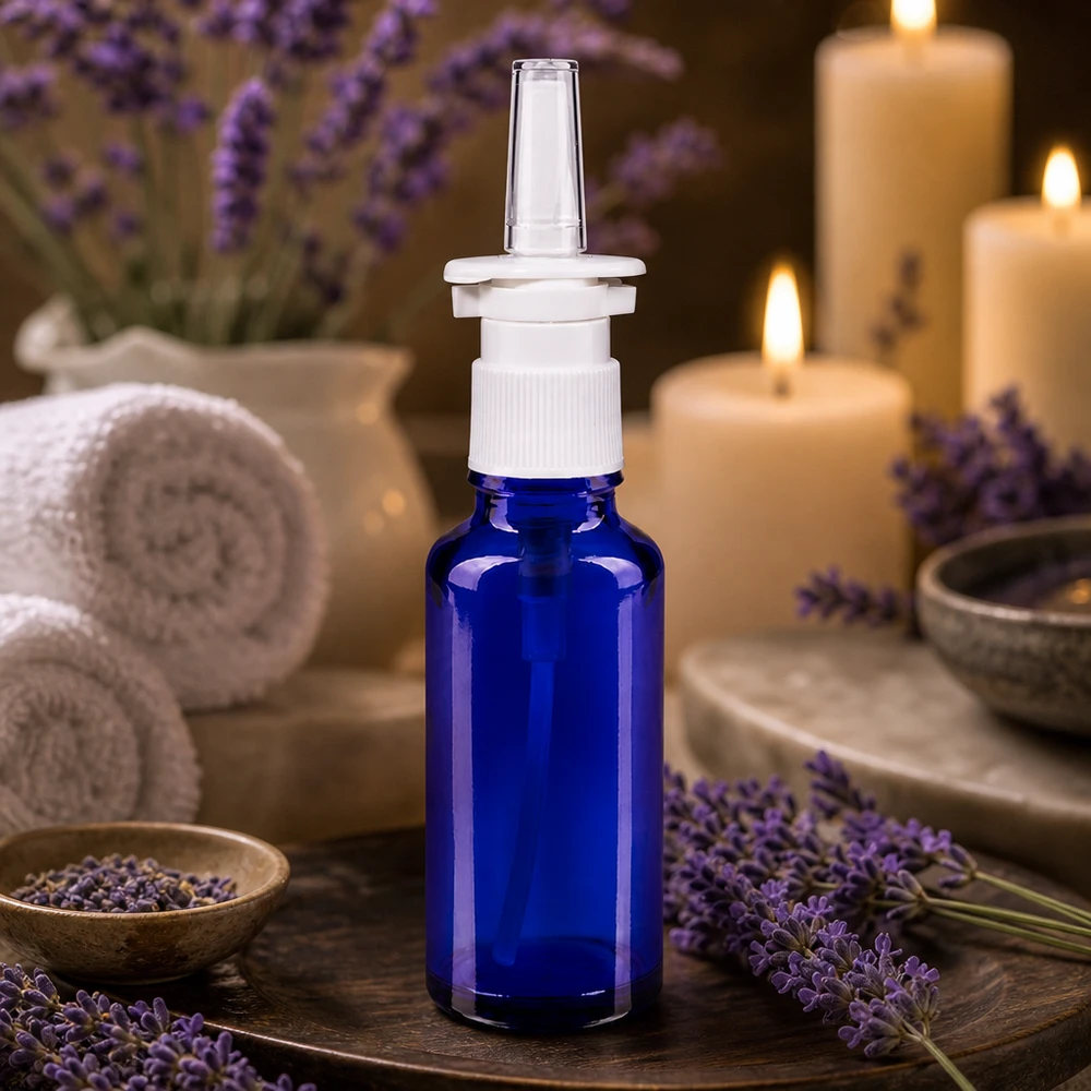 Frasco azul de 30 ml para spray nasal, em ApoGlas, com bico transparente e decoração em lavanda