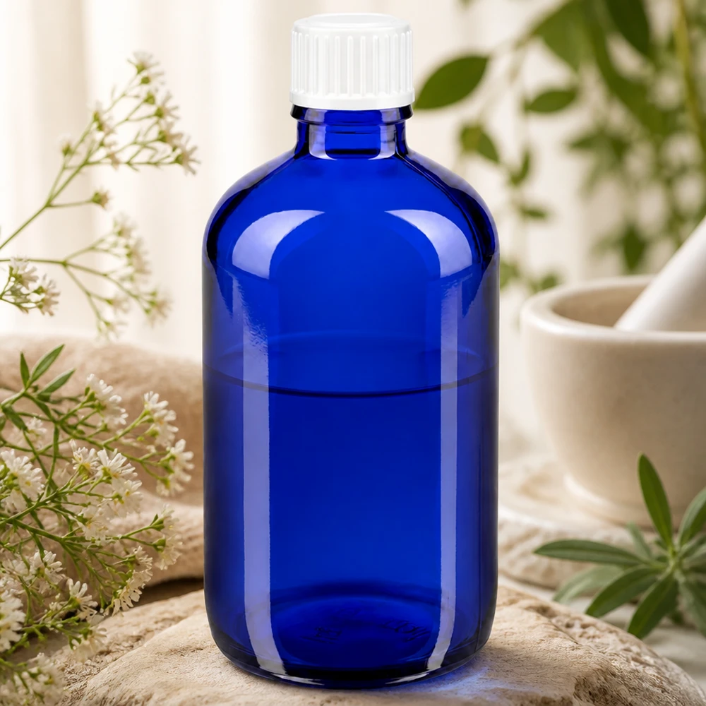 Frasco de farmácia azul cobalto de 100 ml com tampa conta-gotas branca, com decoração de ervas