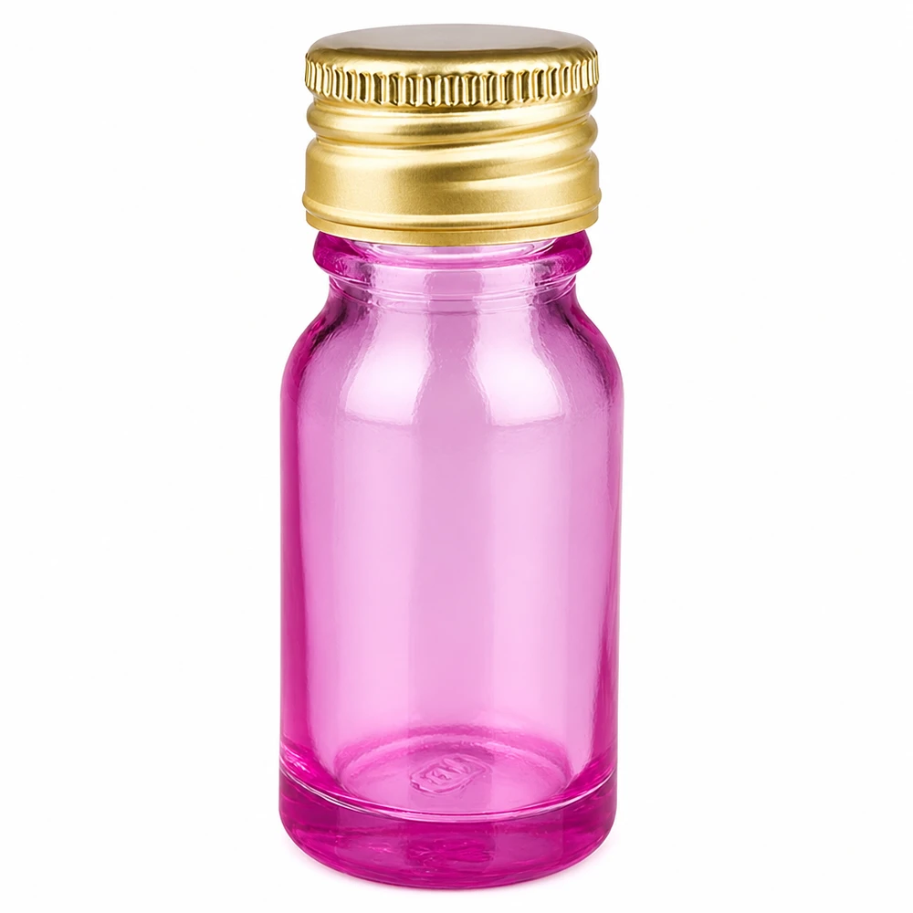 Frasco de 10 ml com tampa de rosca em alumínio dourado e vidro transparente roxo para óleos essenciais