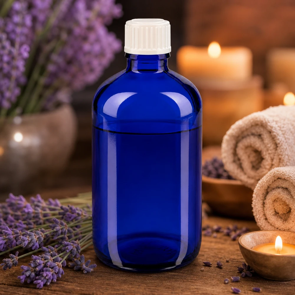Frasco de farmácia azul de 100 ml com lavanda e velas para aromaterapia e bem-estar