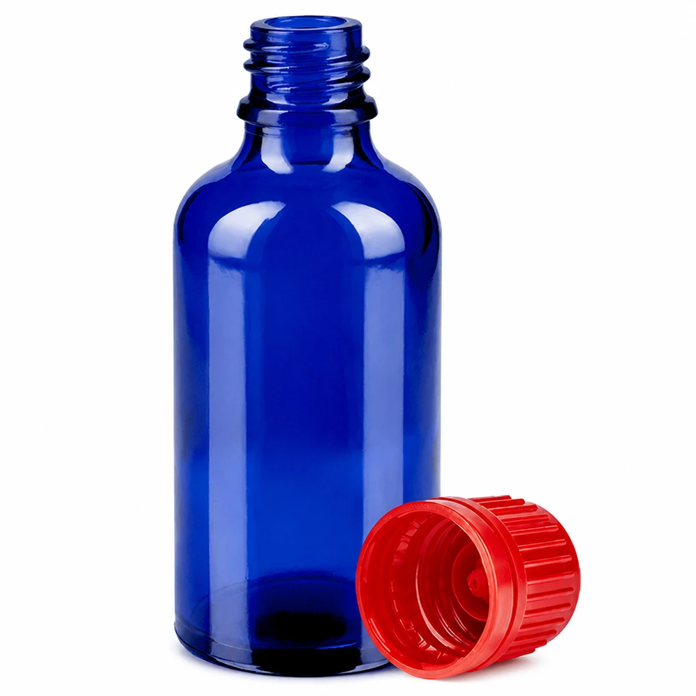 Frasco de laboratório azul de 50 ml com tampa de rosca vermelha SV 11 mm OV BlueLine UT18/50