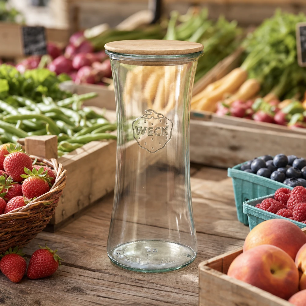 Frasco de charcutaria WECK 700ml RR80 com tampa de madeira no mercado semanal entre frutas e legumes frescos ambiente natural