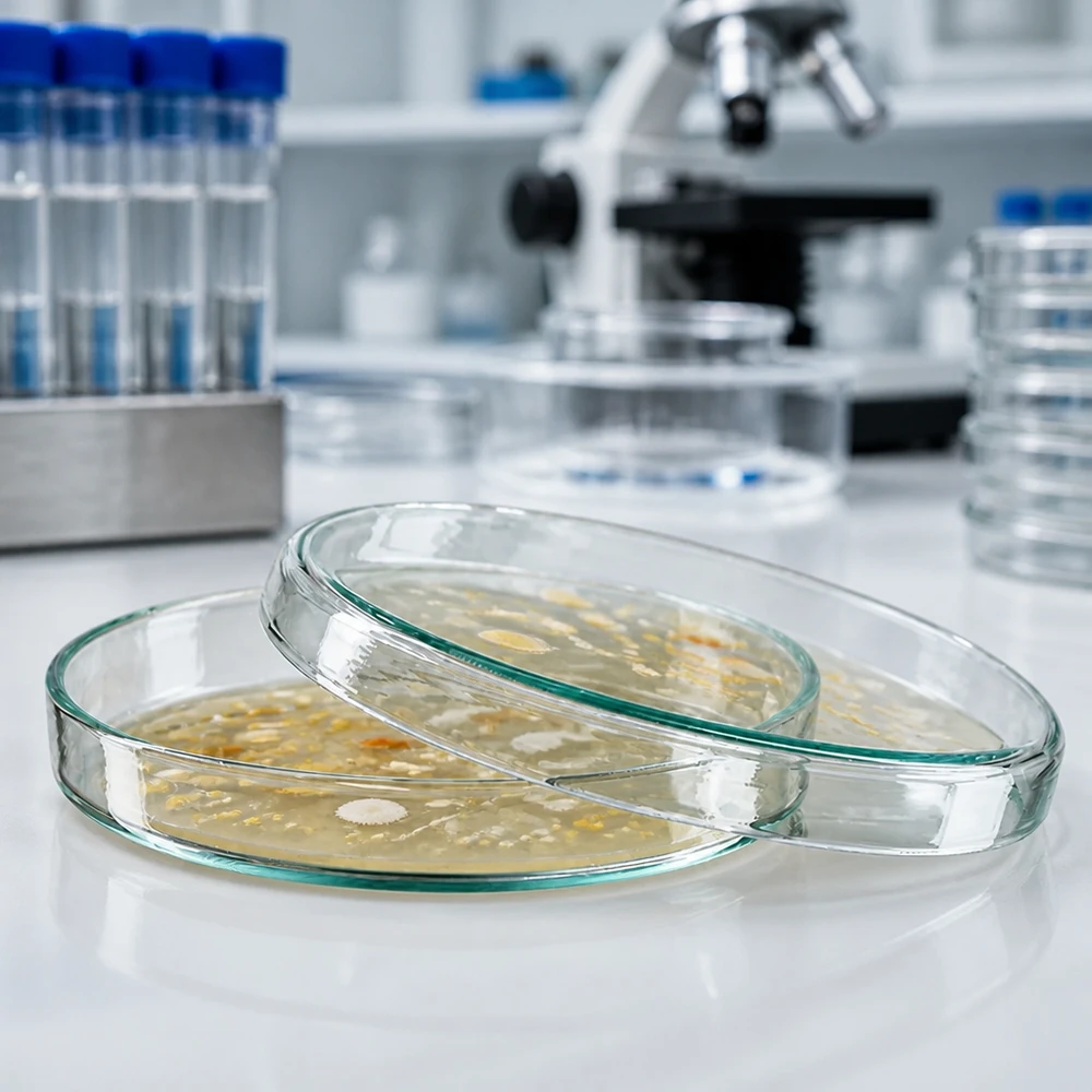 Placa de Petri de vidro, 90 x 15 mm, com culturas bacterianas num laboratório microbiológico