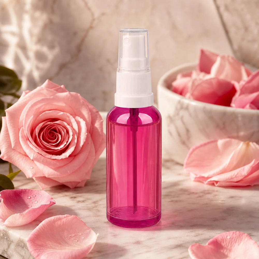 Frasco de spray de 50 ml branco/transparente Standard PurpleLine UT18/50 Frasco de spray vazio de 50 ml em roxo transparente com cabeça de spray branca para cosméticos DIY