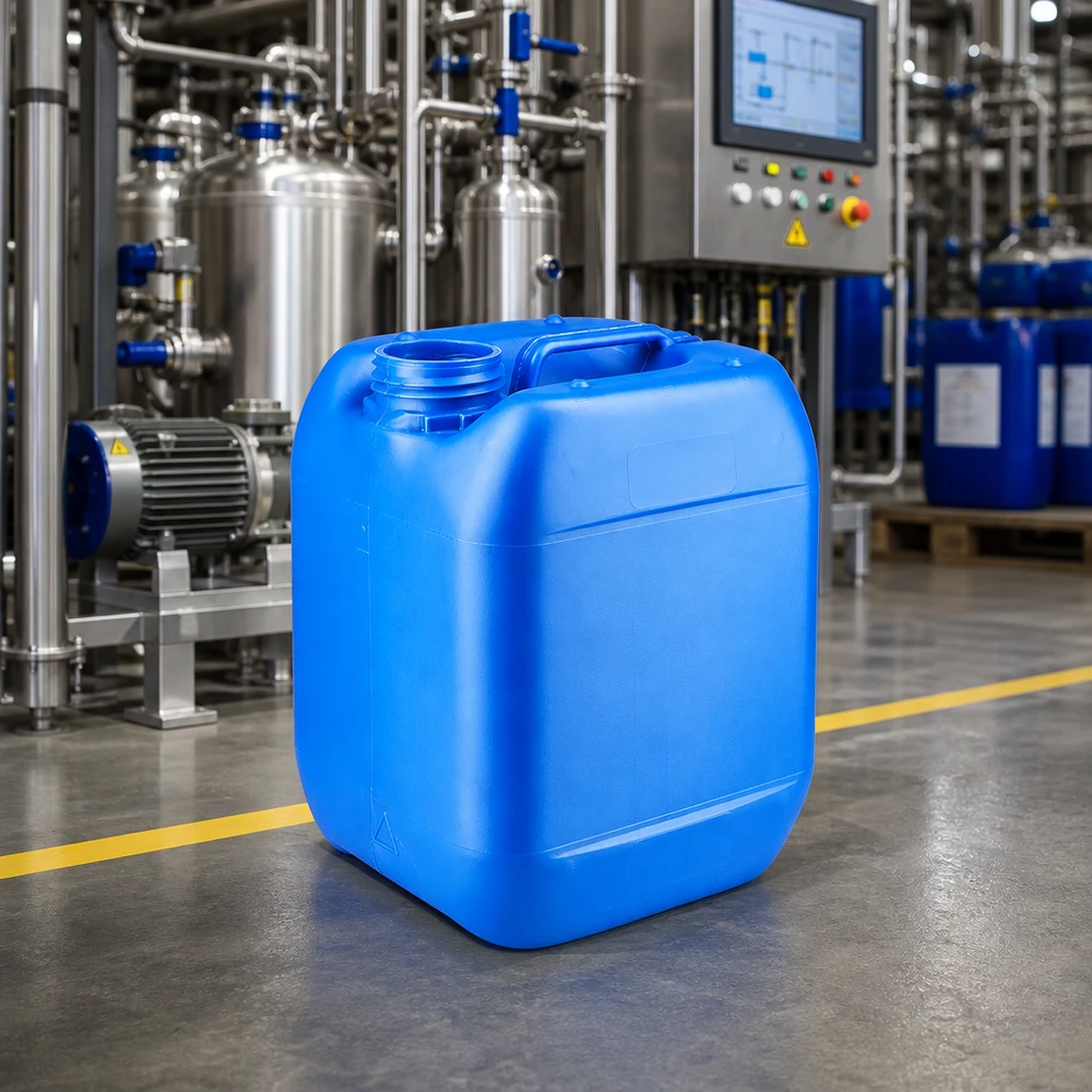 Bidão 5 litros azul sem tampa Recipiente robusto de HDPE de 5 litros, azul, sem tampa, numa unidade de produção industrial