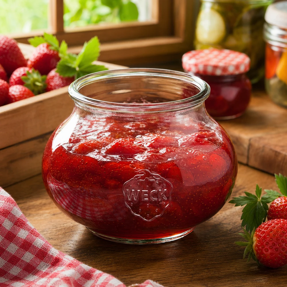 Frasco decorativo WECK RR80 de 560 ml Frasco decorativo WECK 560ml RR80 cheio de compota de morango numa cozinha rústica com morangos frescos e frascos de conserva