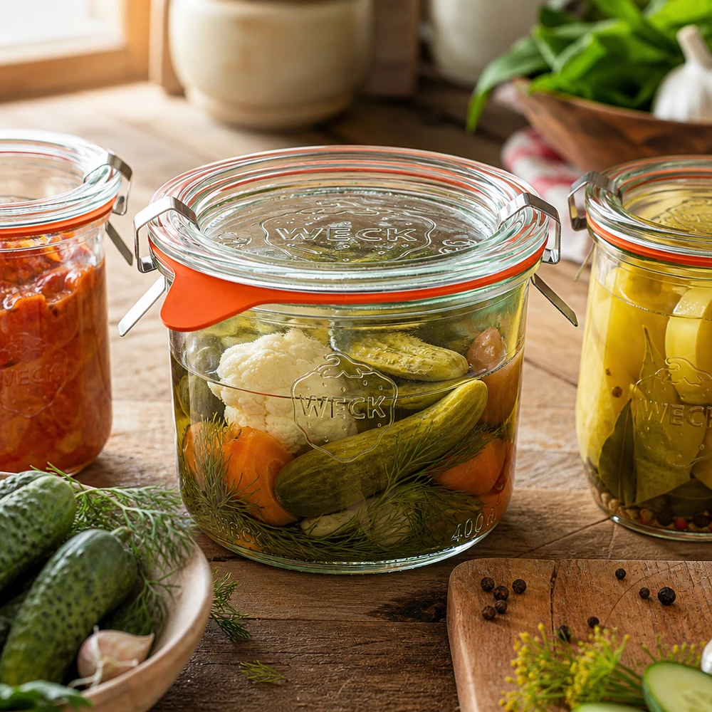 Copos de vidro de 200ml completos WECK RR80 Frasco de conserva WECK RR80 de 200 ml para conservar legumes e pepinos numa cozinha rústica com endro e especiarias
