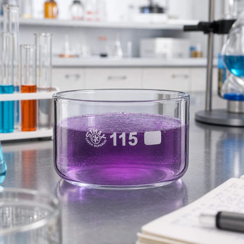 Cristaleira de 500ml sem bico em borosilicato ø115mm Bacía de cristalização SIMAX de 500 ml com solução de permanganato de potássio violeta num laboratório, sobre uma mesa de aço inoxidável