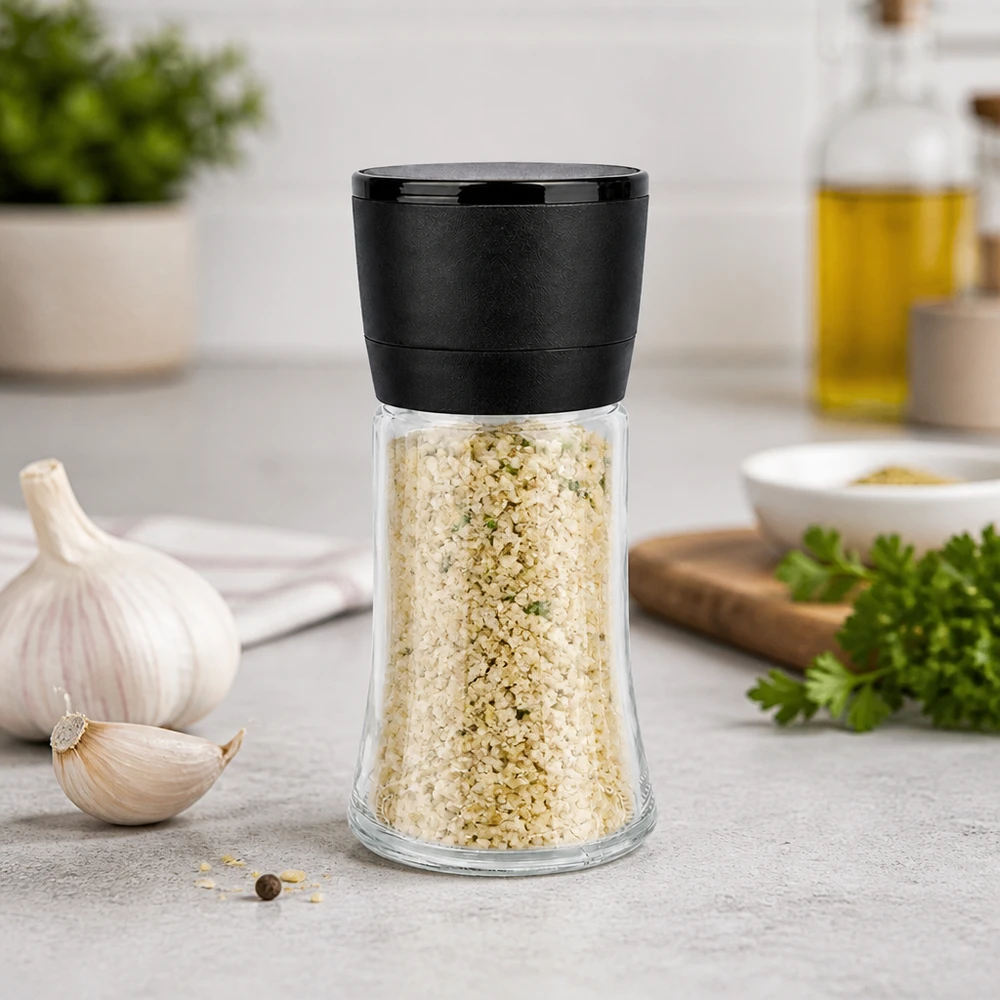 Frasco para sal/especiarias de 95 ml com moinho Vario preto Moinho de sal e alho de 95 ml com mecanismo de moagem preto Vario sobre uma bancada de cozinha cinzenta com alho fresco