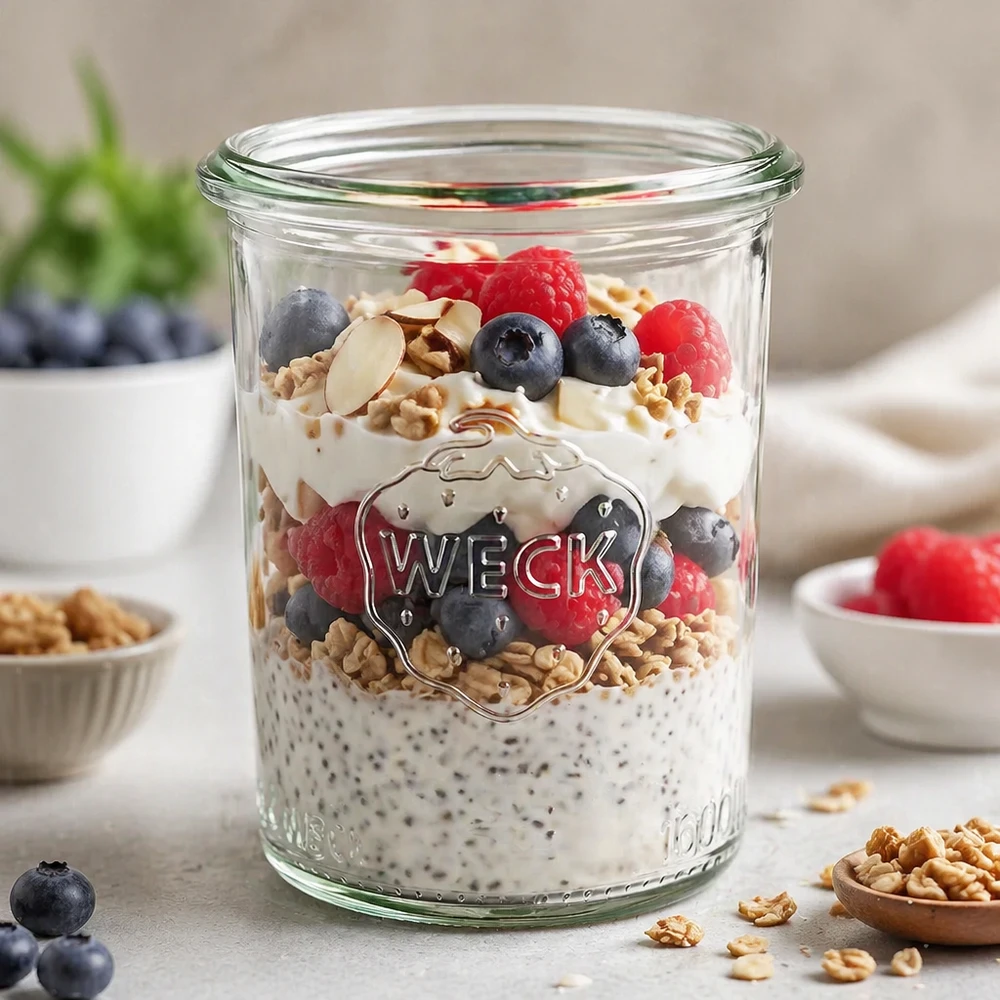 Frasco de vidro WECK 160ml RR60 cheio de bagas de pudim de chia e nozes como ideia de pequeno-almoço saudável