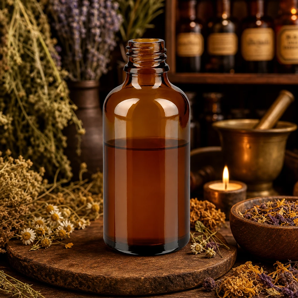 Frasco de farmácia ApoGlas castanho de 50 ml com tintura de ervas em boticário de ervas rústico com almofariz e plantas medicinais
