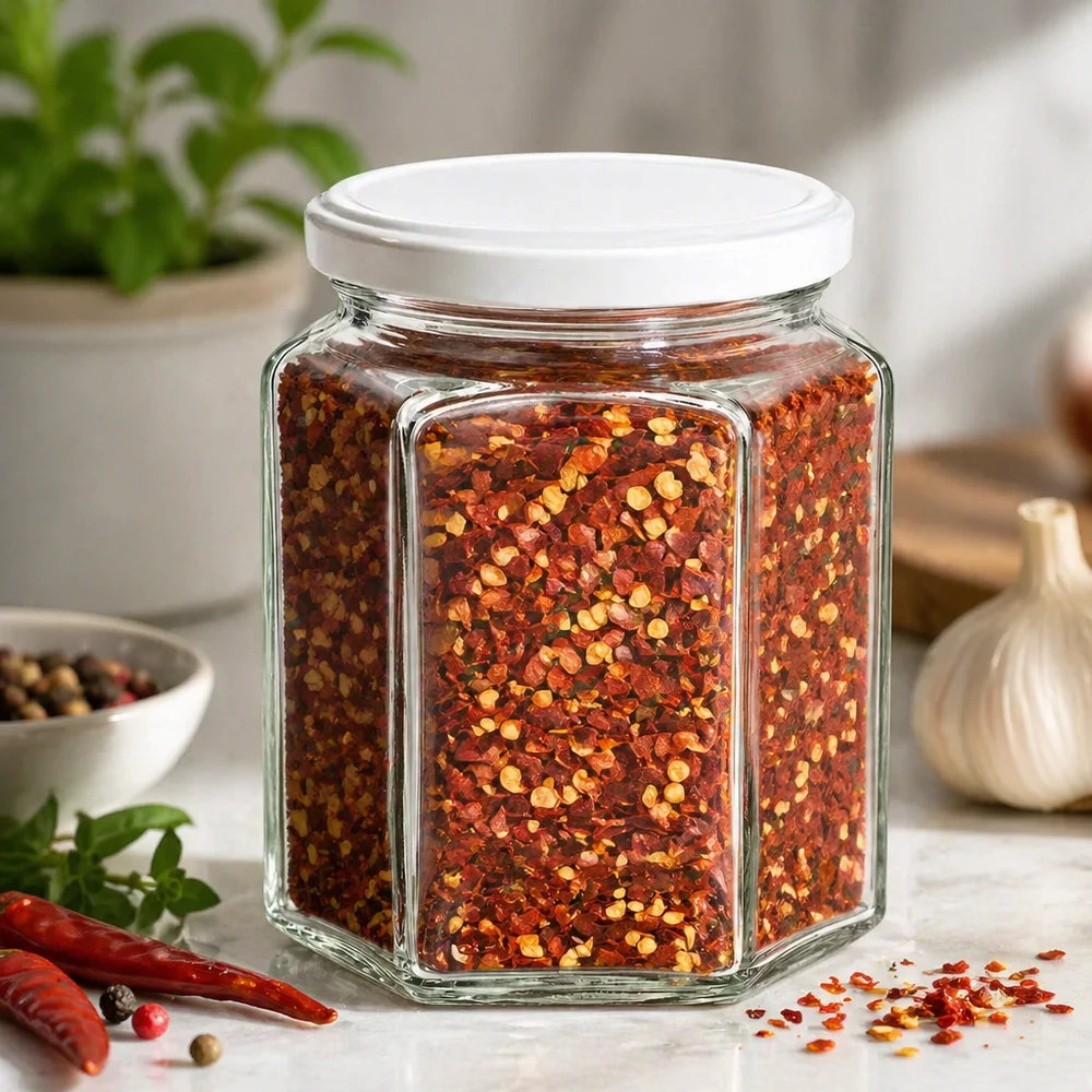 O frasco de mel hexagonal de 400 g cheio de mistura de especiarias para malagueta mostra a utilização versátil das especiarias de cozinha