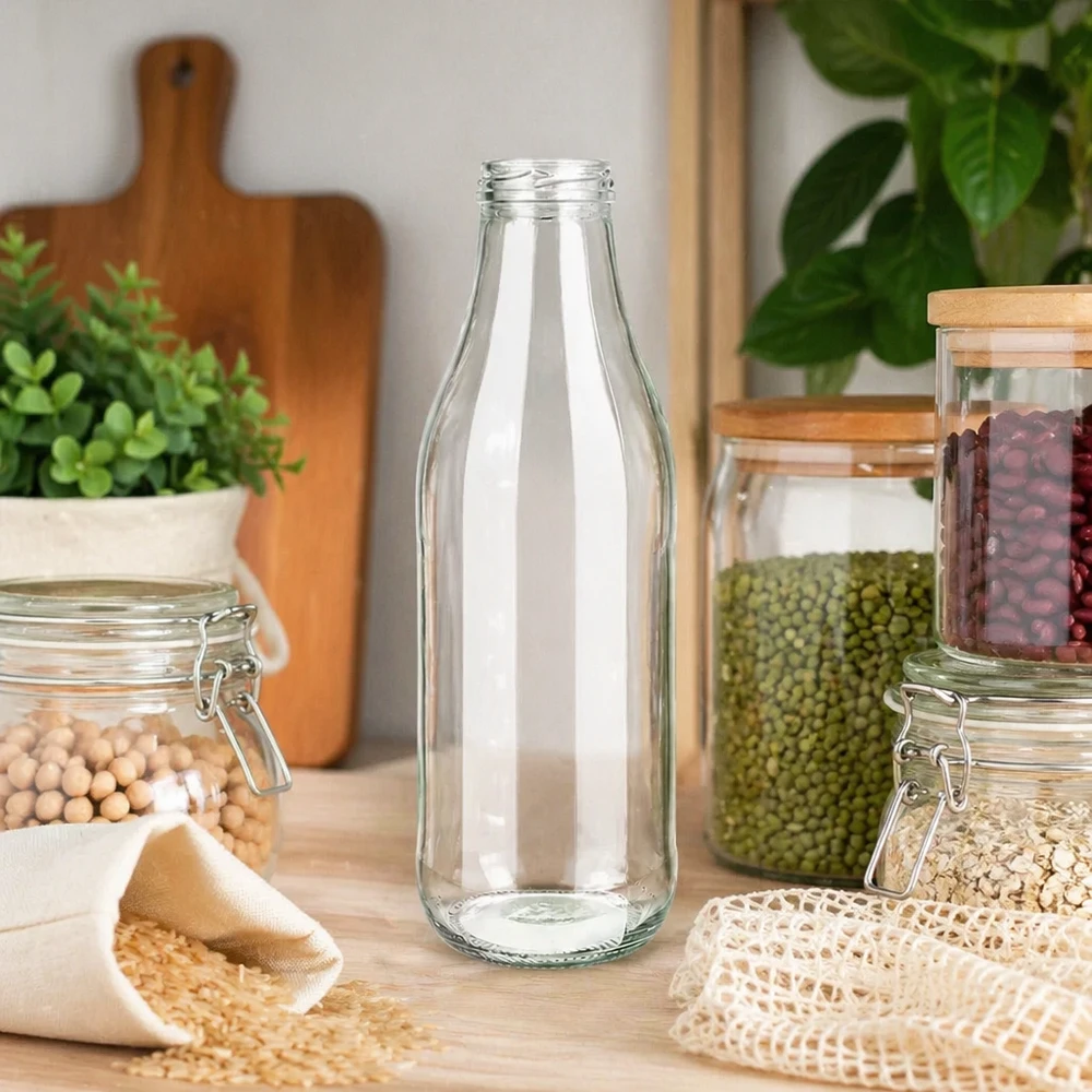 Garrafa de vidro de 1000 ml TO48 UNiTWIST em cozinha sustentável e sem desperdício com frascos de arrumação e legumes