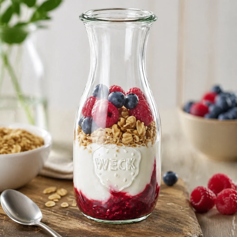 Garrafa para sumo WECK RR60 de 530 ml Garrafa de sumo WECK 530ml RR60 como taça de cereais cheia de iogurte, bagas e granola ao lado de fruta fresca