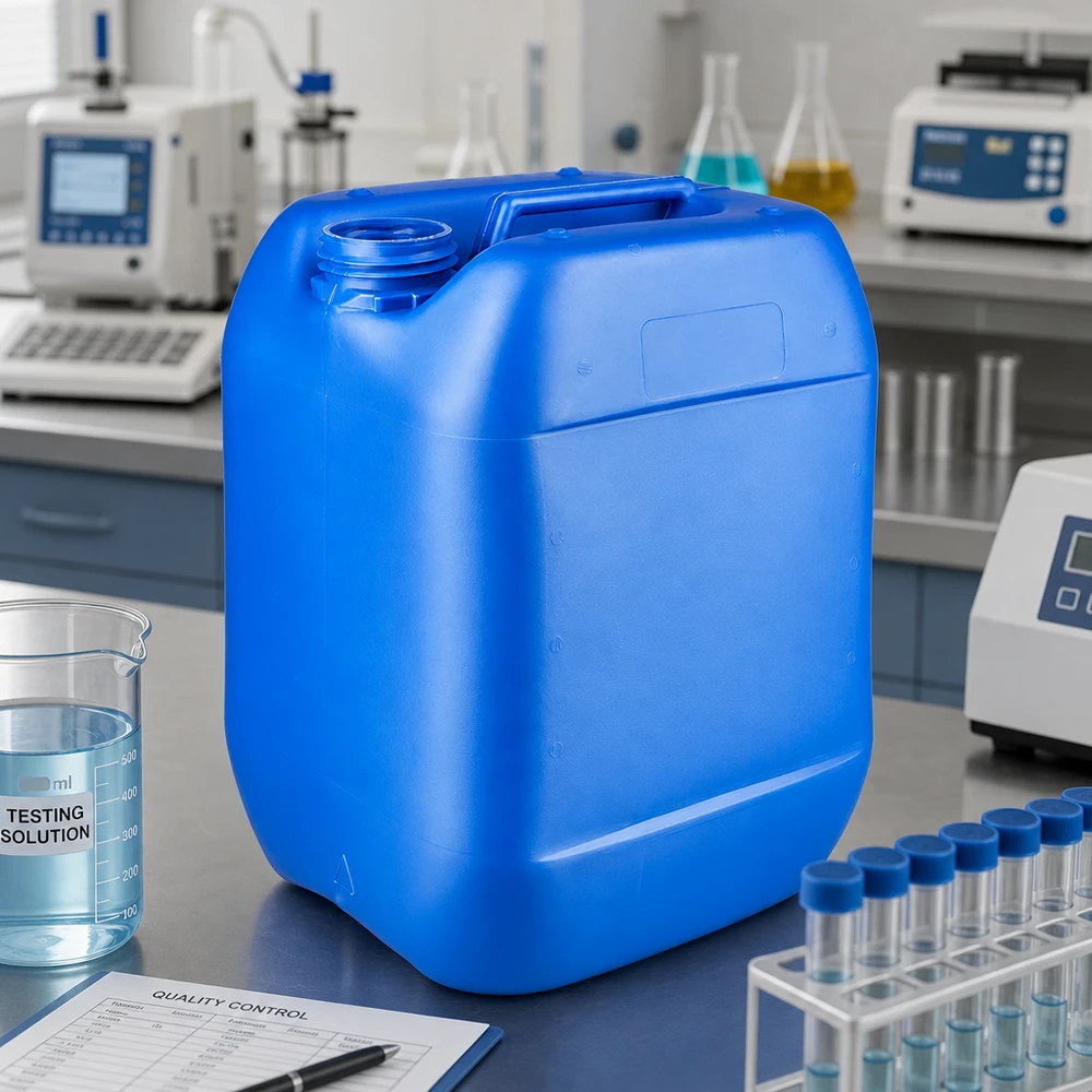 Bidão 10 litros azul sem tampa Recipiente azul de HDPE de 10 litros sem tampa, ao lado de um copo de vidro com uma solução de teste, num laboratório