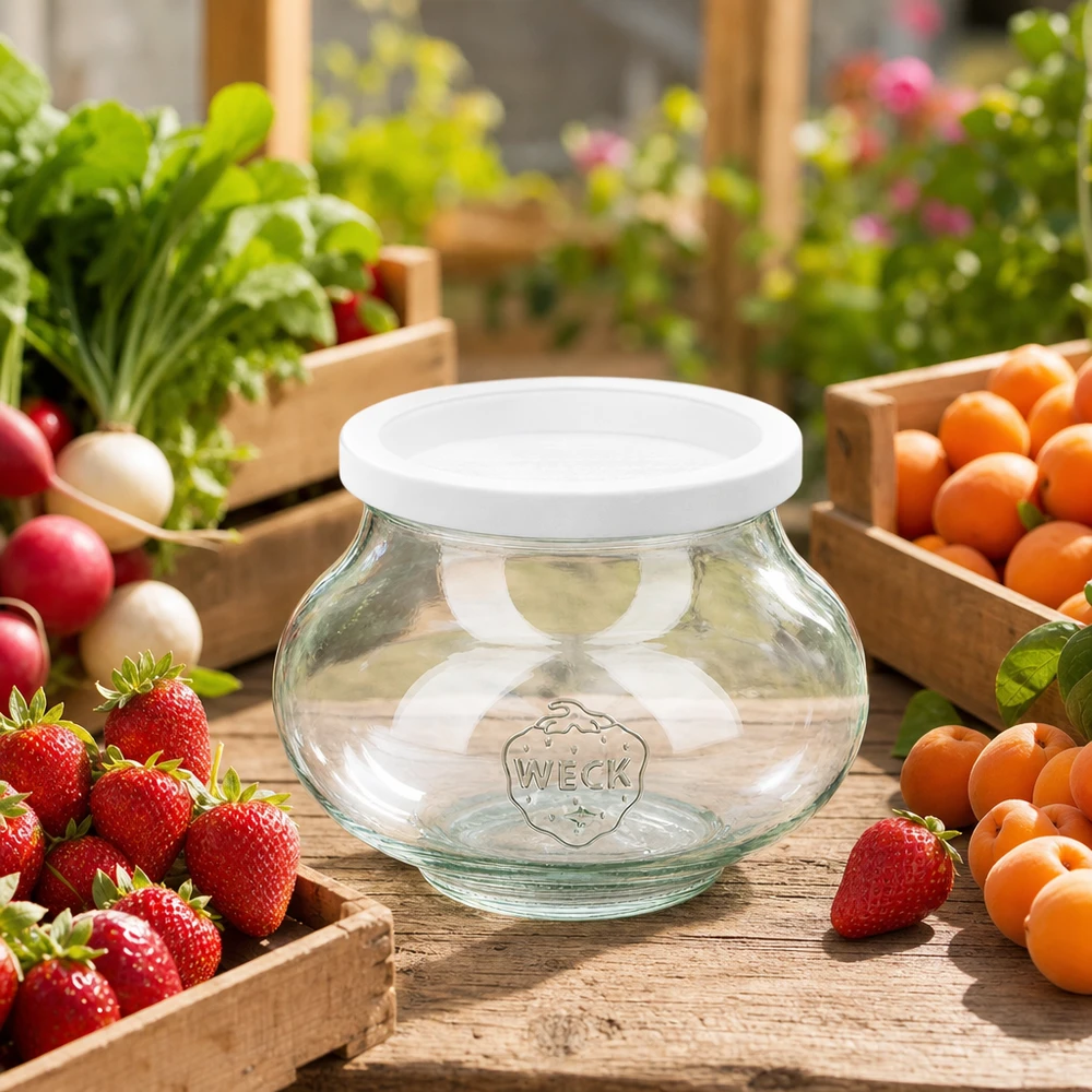 Frasco de arrumação WECK 560ml RR80 vazio entre frutos e legumes frescos numa mesa de madeira no jardim como frasco de arrumação