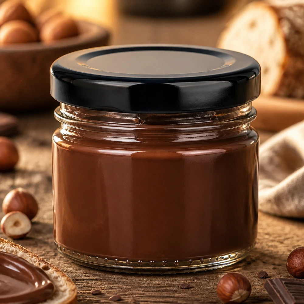 Creme de avelã e nougat num frasco redondo de vidro de 33 ml com tampa preta BasicSeal sobre uma mesa rústica de madeira