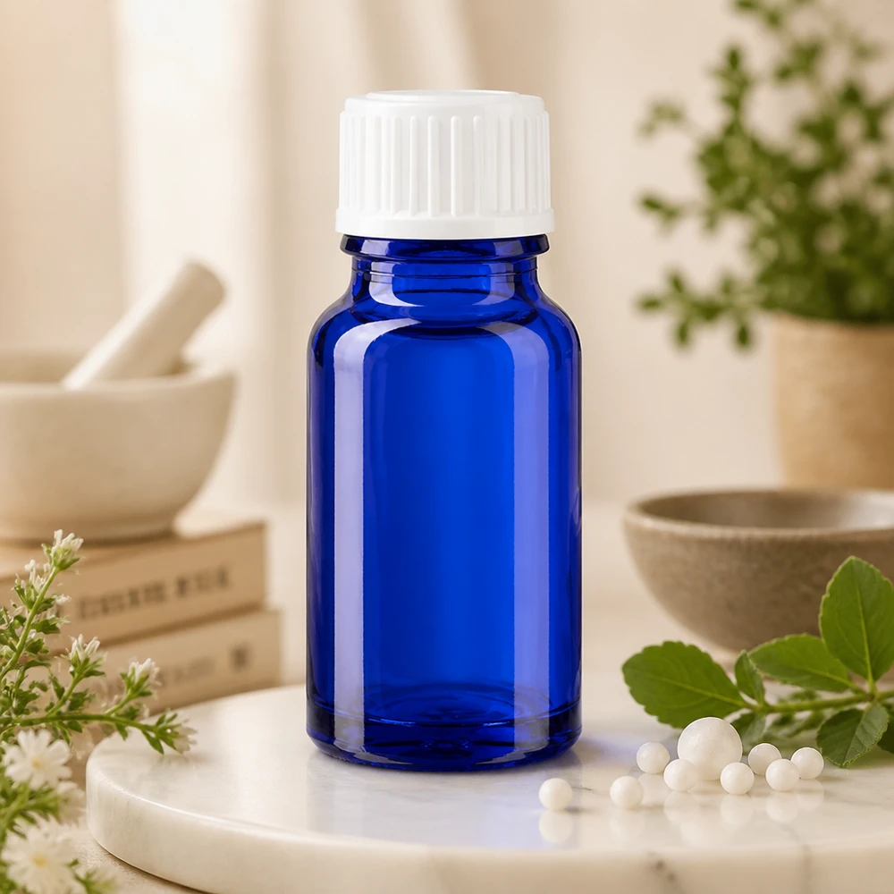 Frasco de farmácia azul cobalto de 10 ml com tampa de rosca branca de 11 mm, para glóbulos homeopáticos e ervas medicinais