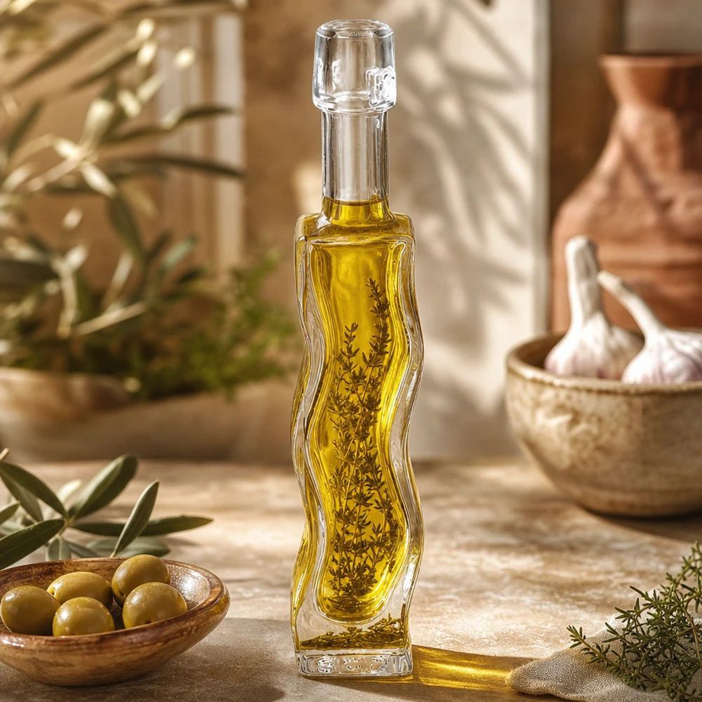 40ml Glasflasche "Anna" ohne Bügelverschluss UNiTWIST Garrafa de vidro de 40 ml Anna cheia de azeite e ervas aromáticas Exemplo de utilização Cozinha Decoração mediterrânica