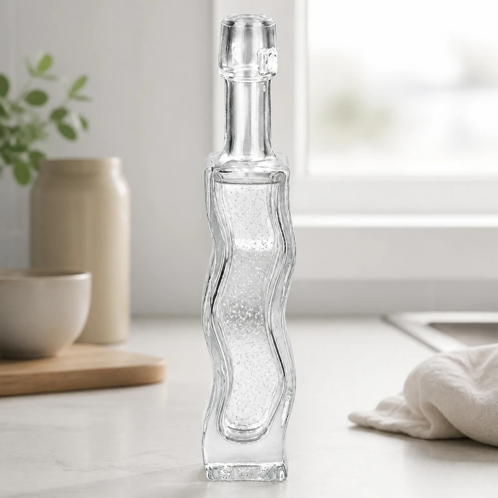Frasco de vidro de 40 ml Anna com padrão de relevo ondulado sem tampa basculante transparente vazio ambiente de casa de banho vista lateral