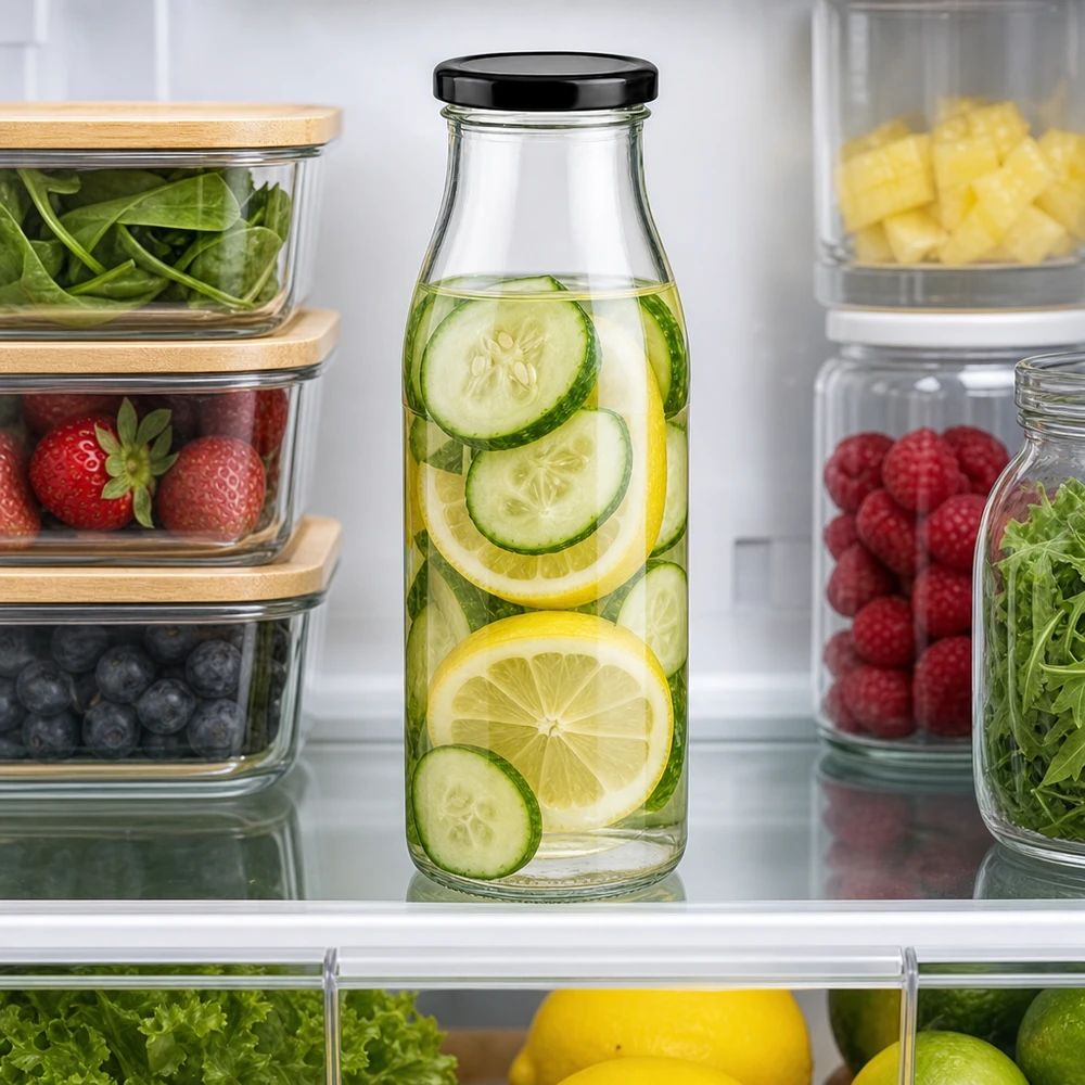 Garrafa de vidro de 500 ml de água de pepino e limão no frigorífico, entre frutas e legumes frescos