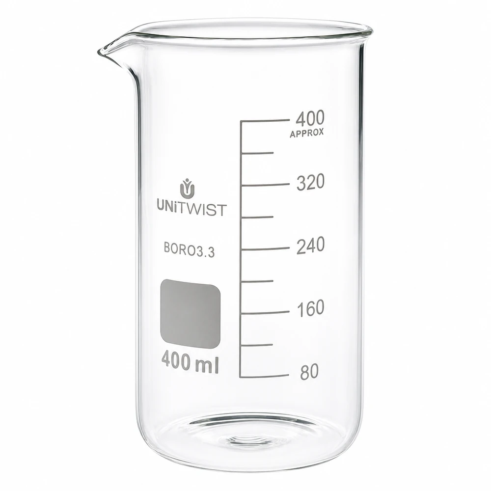 Copo de laboratório de 400 ml, de formato alto, em vidro borossilicato 3.3, com escala em mililitros, da UNITWIST
