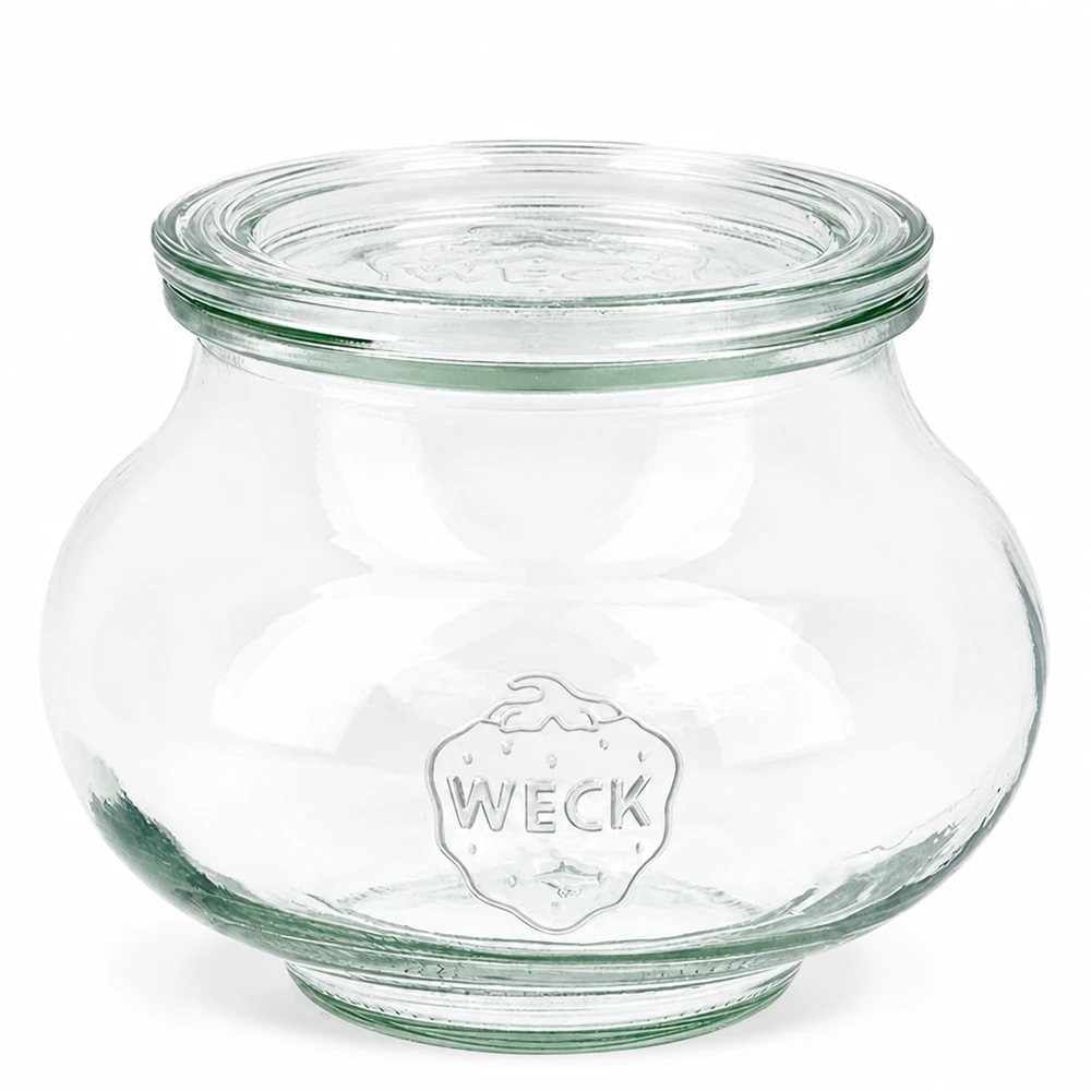 Frasco decorativo de 560 ml com tampa de vidro WECK RR80 Frasco para jóias WECK 560ml com tampa de vidro RR80 Frasco de conservação transparente redondo