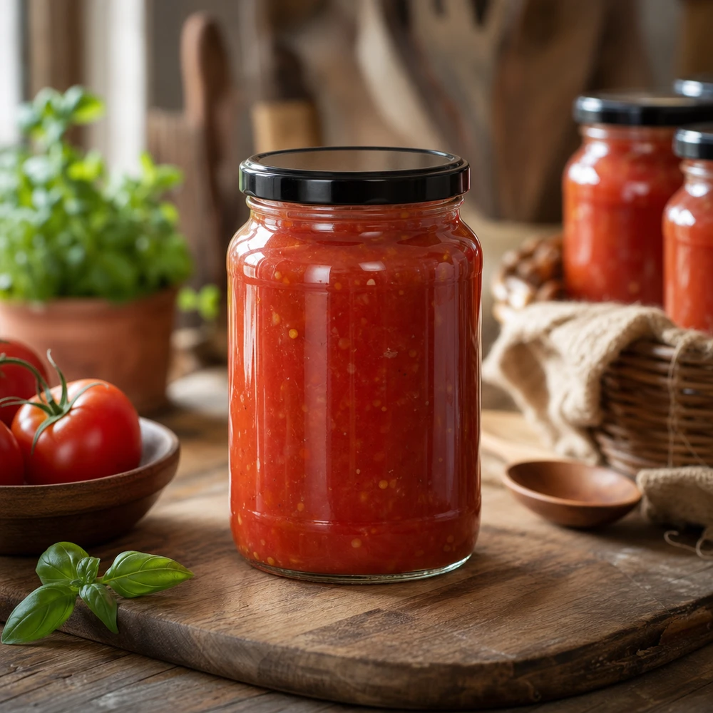 Frasco redondo de 1700ml para molho de tomate com tampa BasicSeal preta tábua de madeira cozinha ambiente rústico frasco de conserva