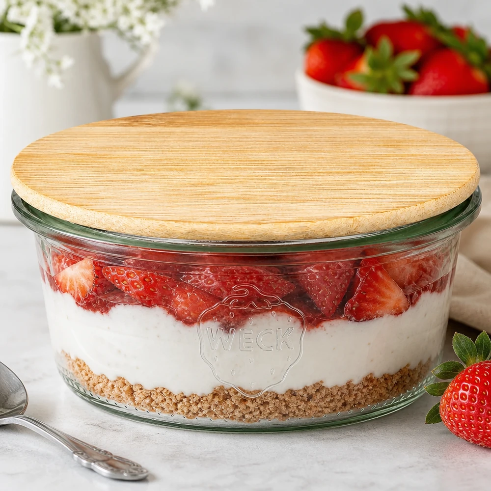 Frasco de vidro WECK RR80 de 165 ml com tampa de bambu como frasco de sobremesa para sobremesa de morango em camadas num ambiente de cozinha