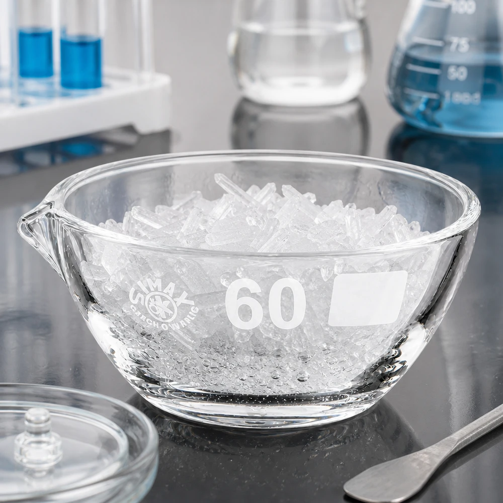 Tabuleiro de vapor de 45ml com bico de borosilicato ø60mm Placa de evaporação redonda 45ml em borossilicato ø60mm com bico para um trabalho preciso no laboratório