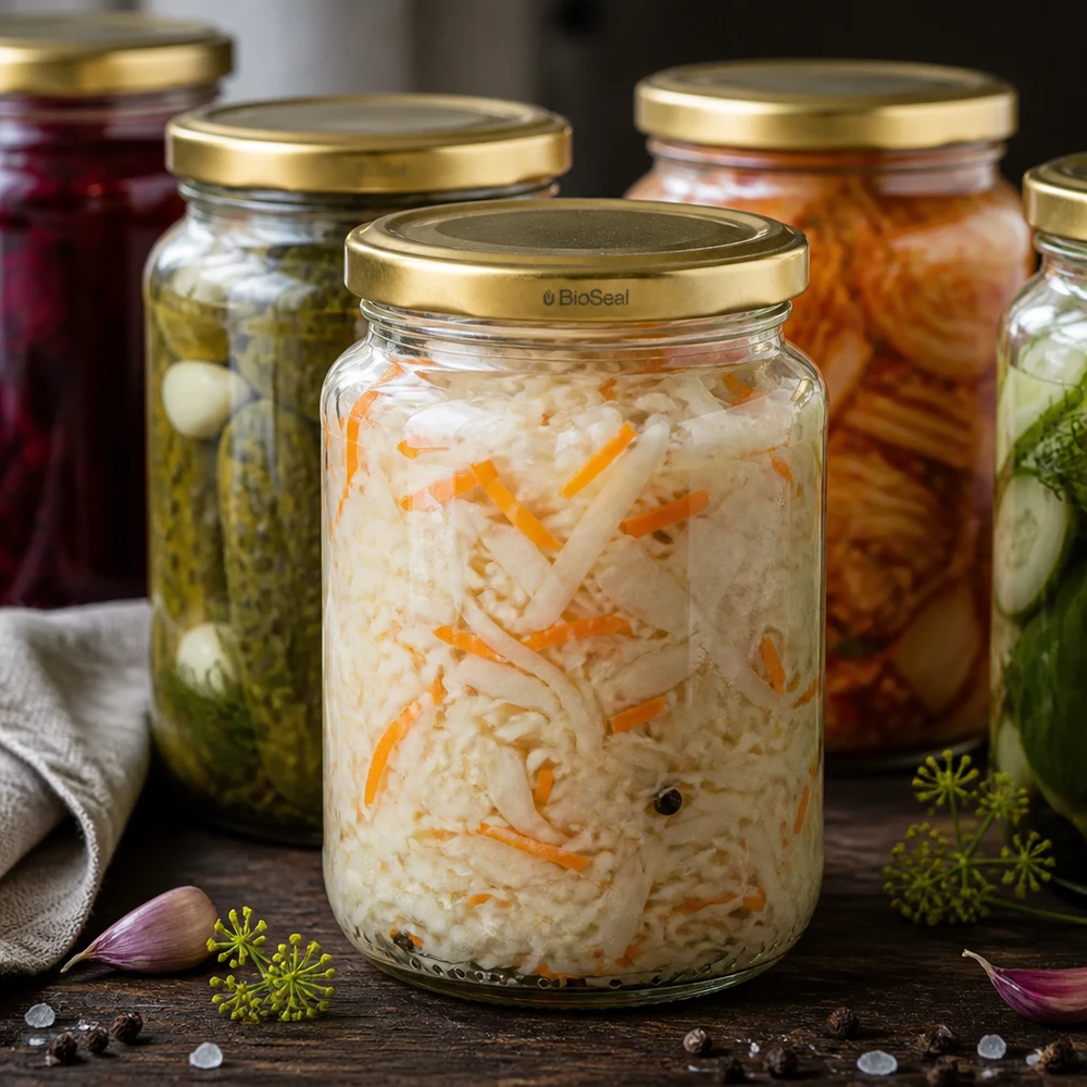 Frasco UNiTWIST Runda382 cheio de legumes em conserva, tampa dourada TO66 BioSeal, fermentação e conservação