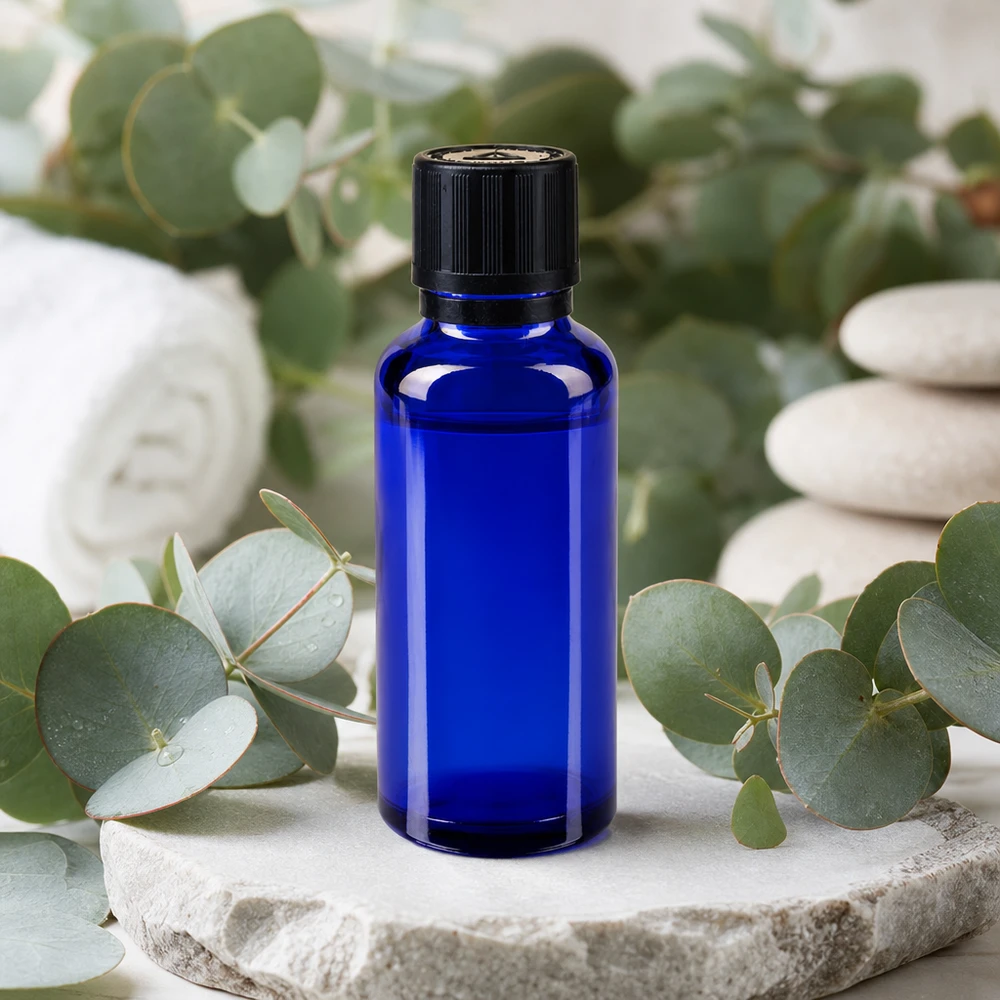 Frasco de farmácia azul cobalto de 30 ml com tampa KiSi preta sobre pedra natural com aroma a eucalipto