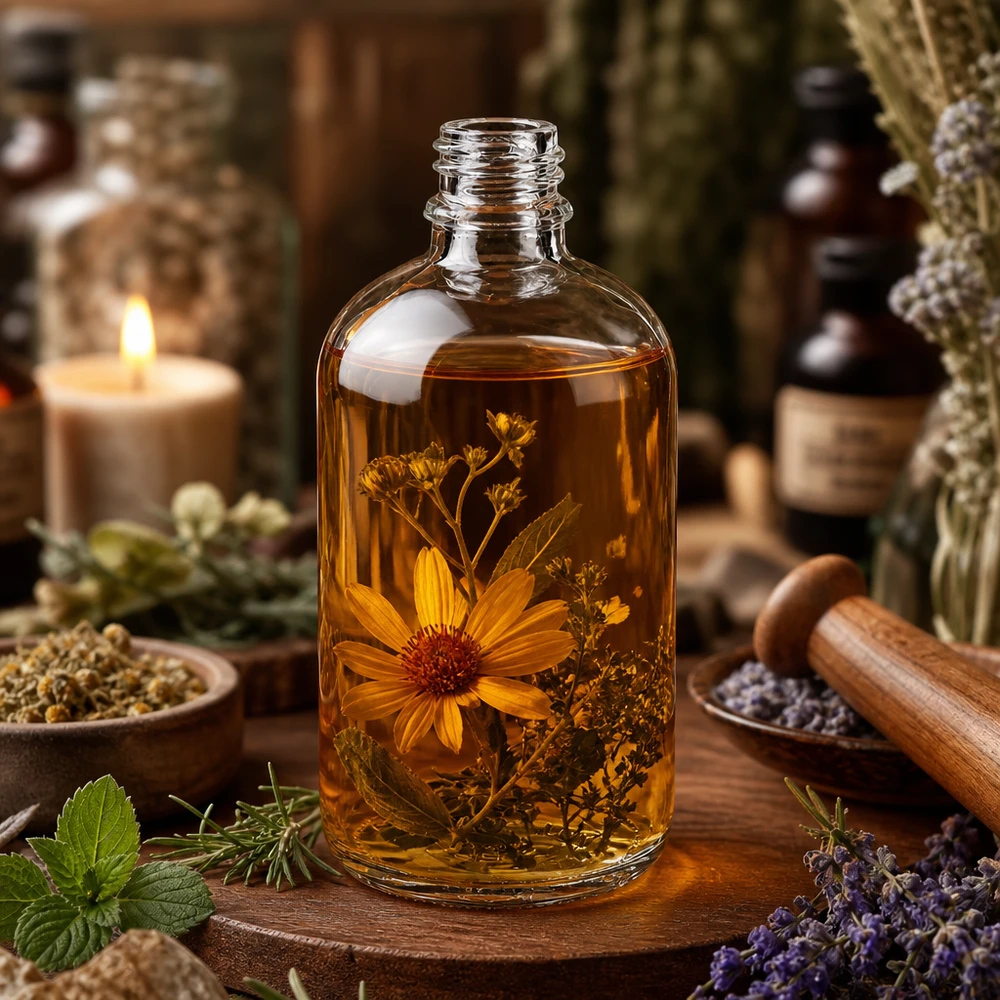 Frasco de farmácia ApoGlas de 100 ml com conteúdo de cor âmbar e ervas secas para naturopatia