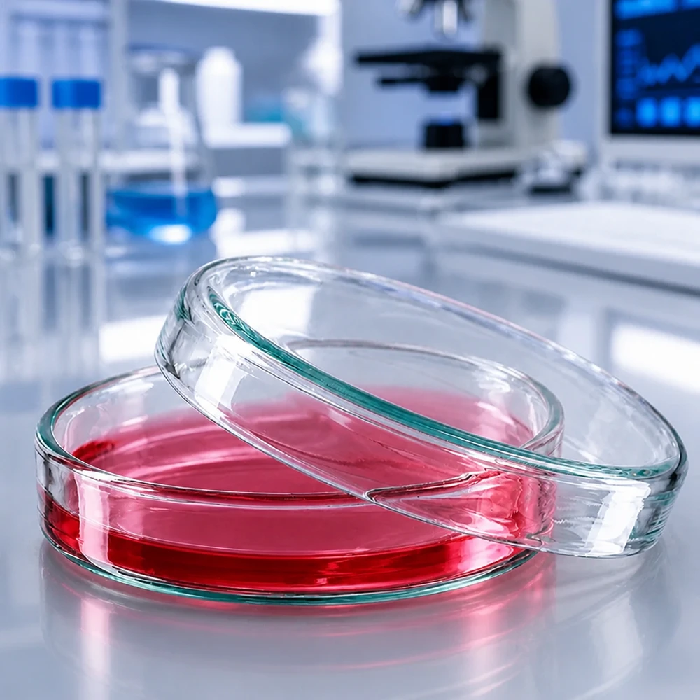 Placa de Petri de 60 mm em vidro transparente de laboratório para o cultivo de microrganismos e culturas de células. Altura 15 mm Placa de Petri de vidro de 60 x 15 mm com líquido de cultura celular vermelho num laboratório de investigação moderno