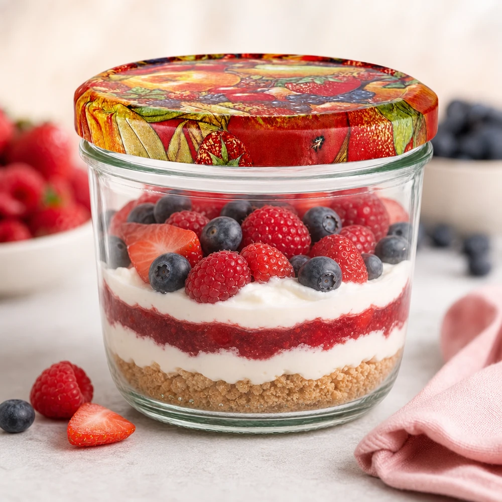 Copos de 230 ml com tampa BasicSeal para decoração de fruta, recheados com uma sobremesa em camadas de bagas, natas e base de biscoito