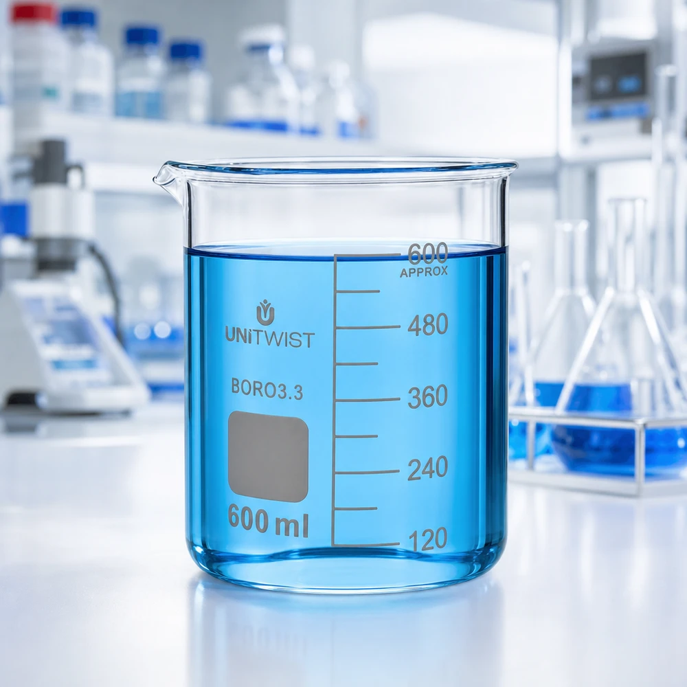 Copo 600 ml de borossilicato, baixo teor de bolor UNiTWIST Copo de vidro UNiTWIST de 600 ml em borossilicato, com um líquido azul que ocupa até 480 ml, no laboratório