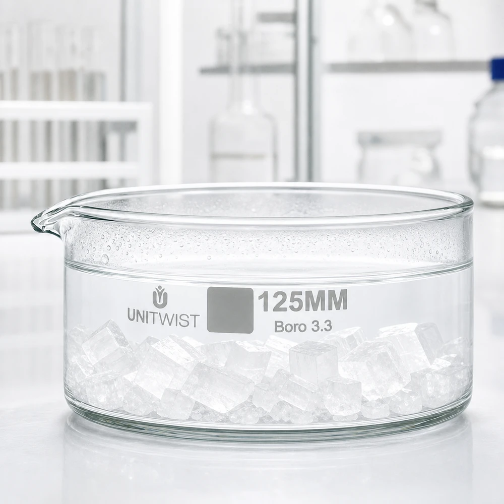 Baceta de cristalização de 125 mm em vidro borossilicato, cheia de cubos de gelo, para utilização em laboratório UNiTWIST