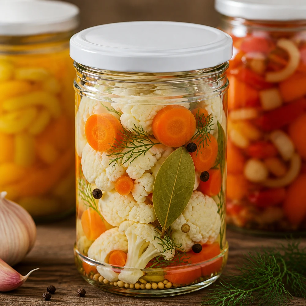 Copos de vidro de 1053ml com tampa BasicSeal branca UNiTWIST Copos de 1053 ml cheios de legumes em conserva cenoura couve-flor endro mostra uma utilização prática como frasco de conserva