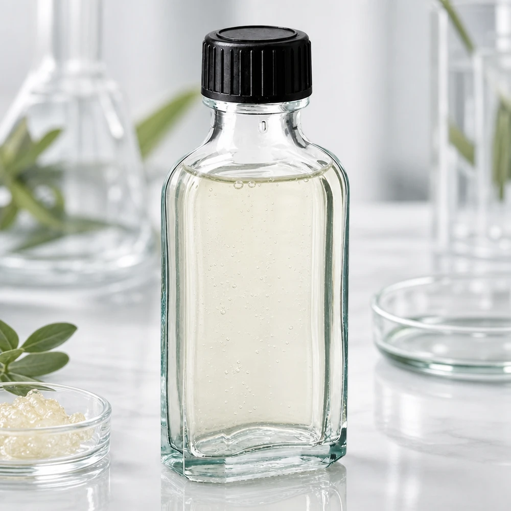 Pequeno frasco de farmácia de 50 ml em vidro transparente com tampa de rosca preta e anel de vedação