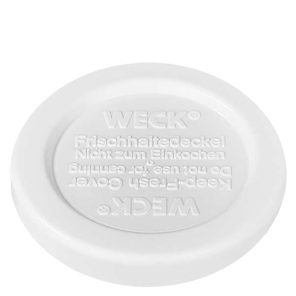 Frasco cilíndrico de 145ml com tampa de frescura. WECK RR40 Tampa WECK freshness branca RR40 vista de pormenor com escrita em relevo para frasco cilíndrico de 145 ml Tampa de substituição