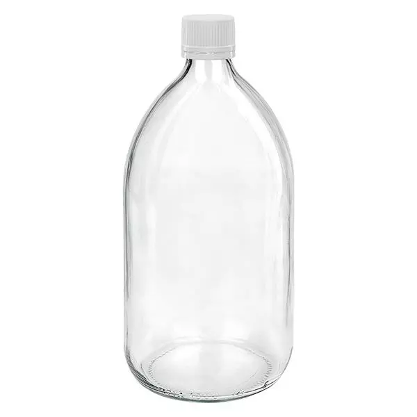 Frasco para medicamentos de 1000ml transparente, tampa branca/fina com anel inviolável ApoGlas Frasco para medicamentos de 1000ml transparente, tampa branca/fina com anel inviolável ApoGlas