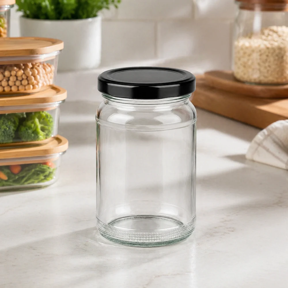 Copo redondo UNiTWIST de 110 ml numa cozinha moderna sobre uma bancada com frascos de arrumação ao fundo